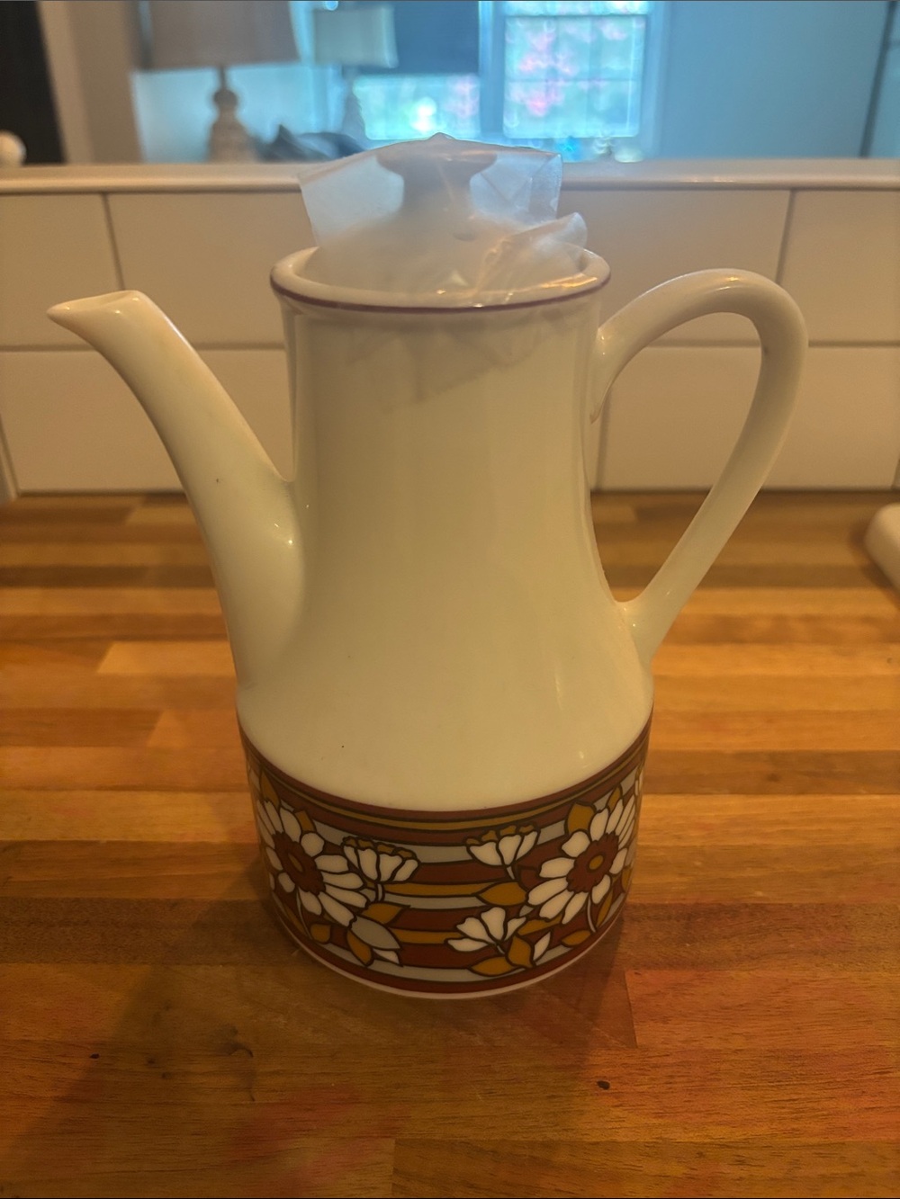 Vintage Floral Ceramic Teapot with Brown and White Band